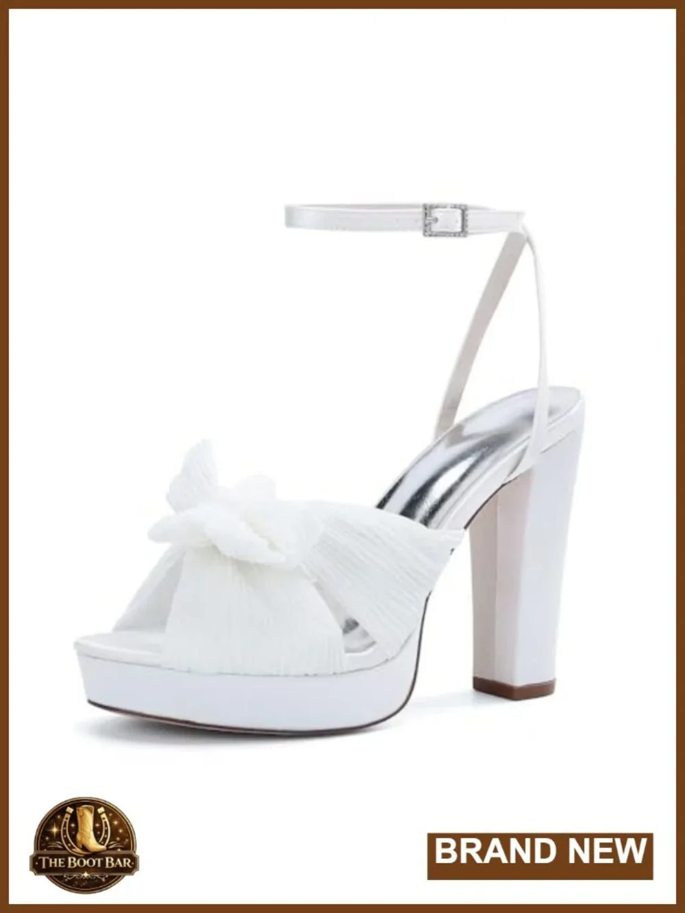 Pleated Bow Platform Heels Wedding Shoes Open Toe Block Heel Sandals